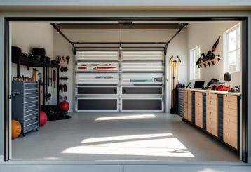 Modern organized garage with custom cabinets, epoxy flooring, and wall storage in Cedar Park, Texas