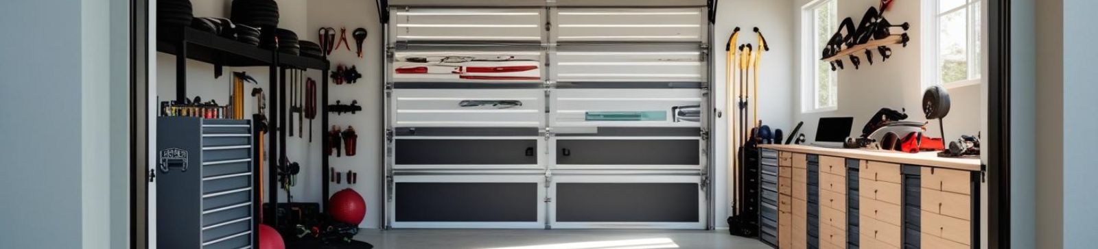 Modern organized garage with custom cabinets, epoxy flooring, and wall storage in Cedar Park, Texas