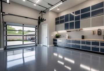 Modern custom garage oasis with sleek storage, epoxy flooring, and smart organization in Cedar Park, Texas